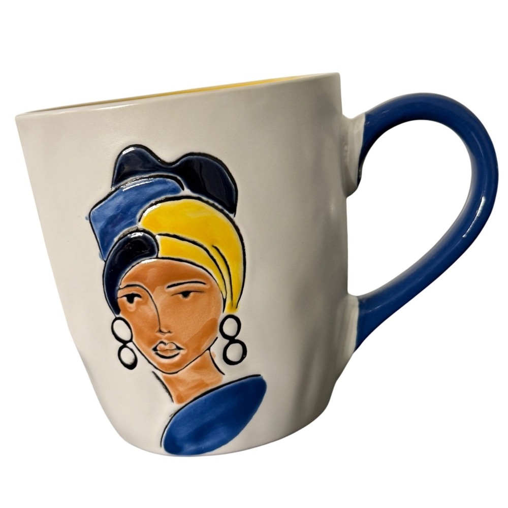 Prima Design Ceramic Coffee Mug Embossed Woman Portrait Blue Yellow White